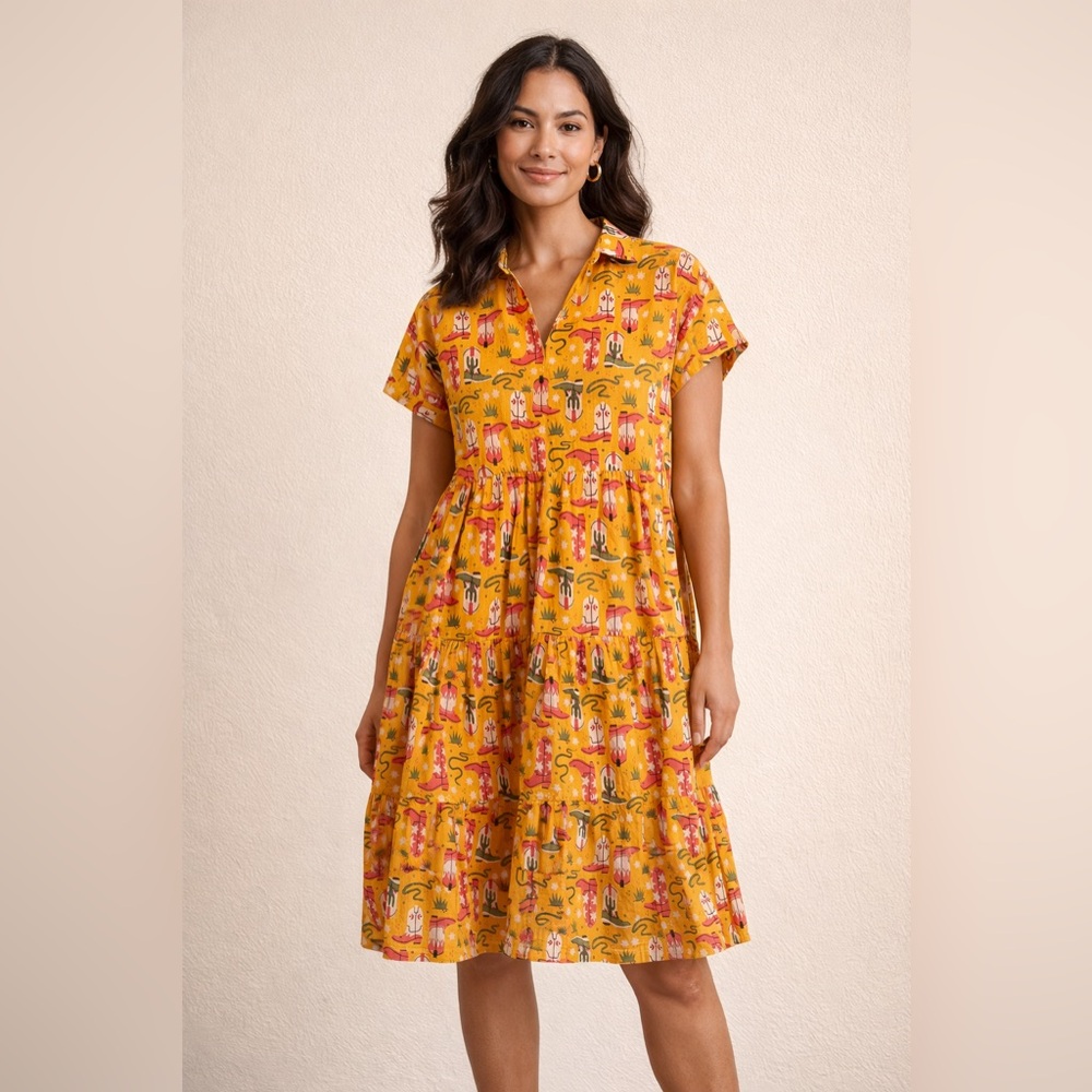 Layerz Clothing Midi Dress‎ Womens M Mustard Western Cowboy Cactus Tiered